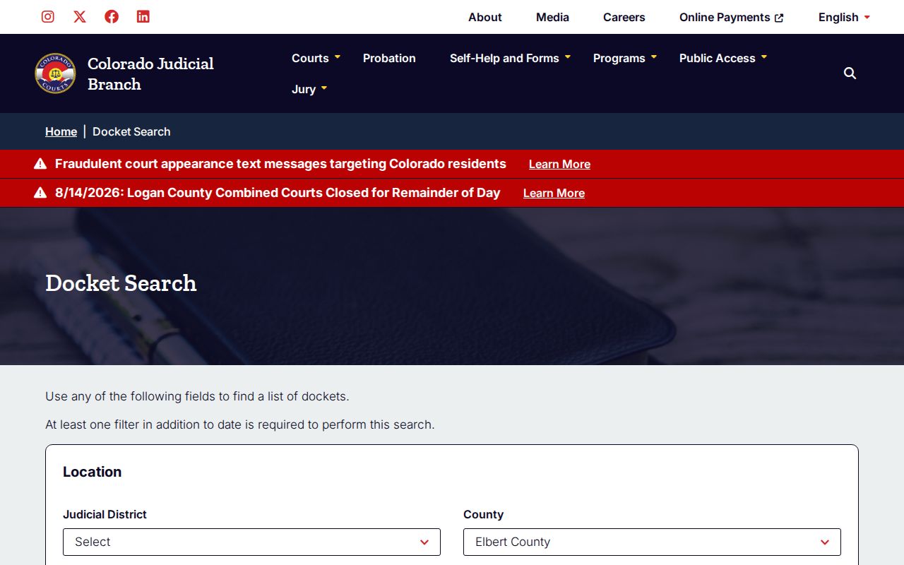 Elbert County arrest case docket search interface